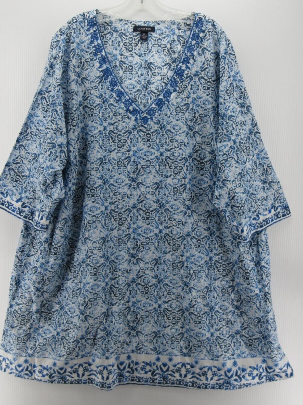 Lands' End Blue and White Printed V-Neck Tunic Blouse